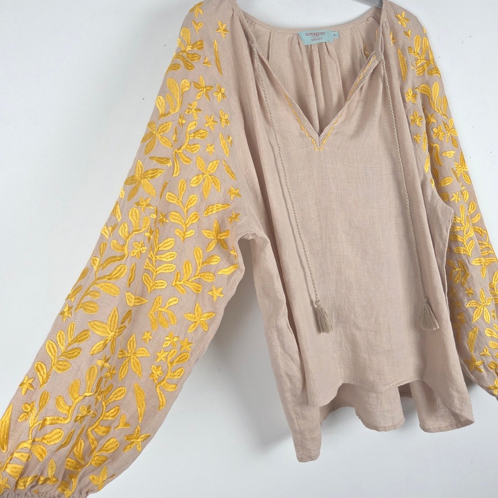 Voyageur by Mersea Linen Embroidered Top M Yellow Floral Boho Festival Country